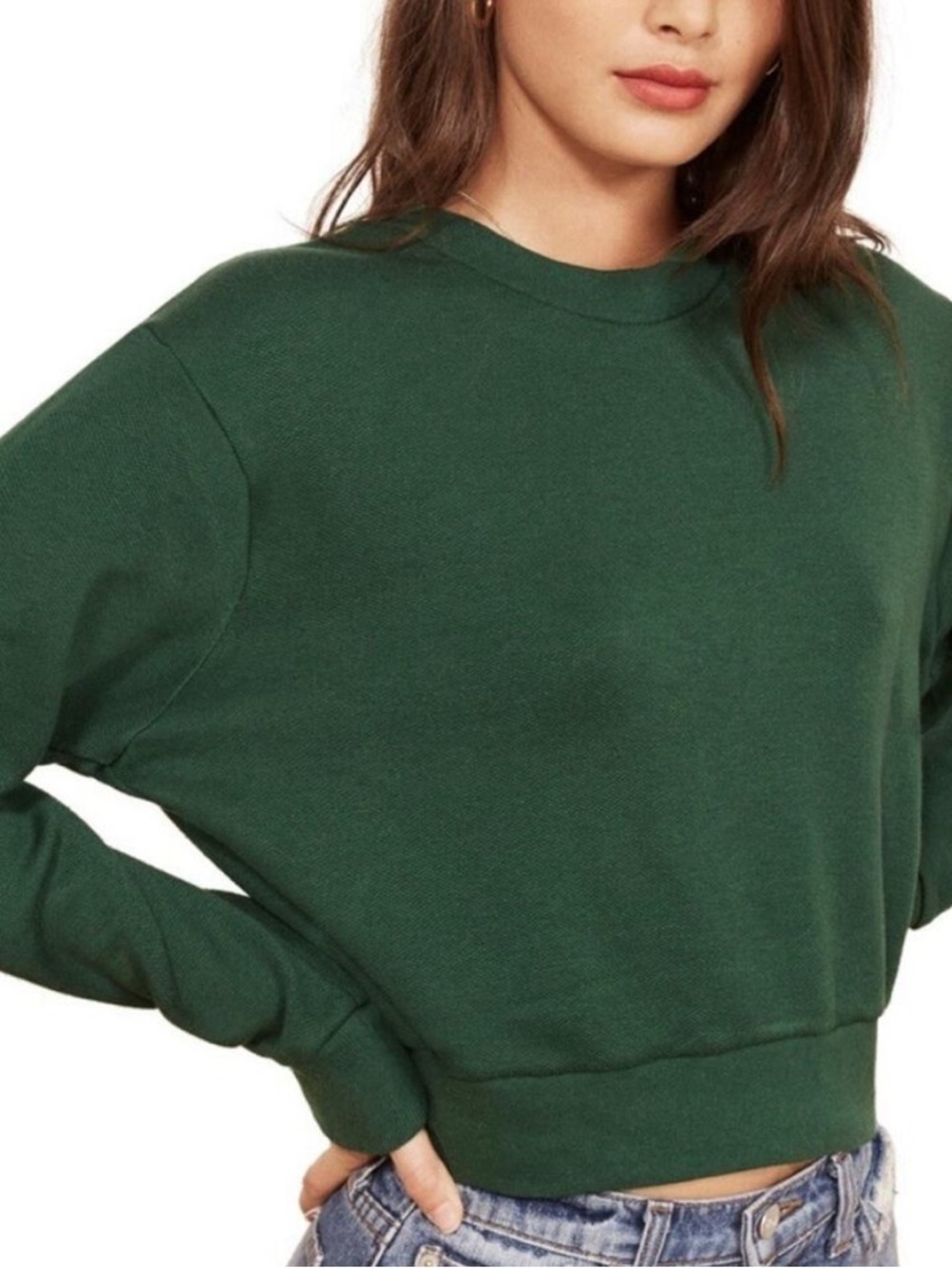 Reformation Jeans Forest Green Cropped Crewneck Sweatshirt Size Small Oversized - Picture 3 of 9